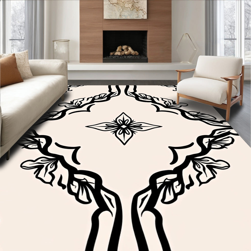 Vintage Black Filigree Floral Medallion Rug