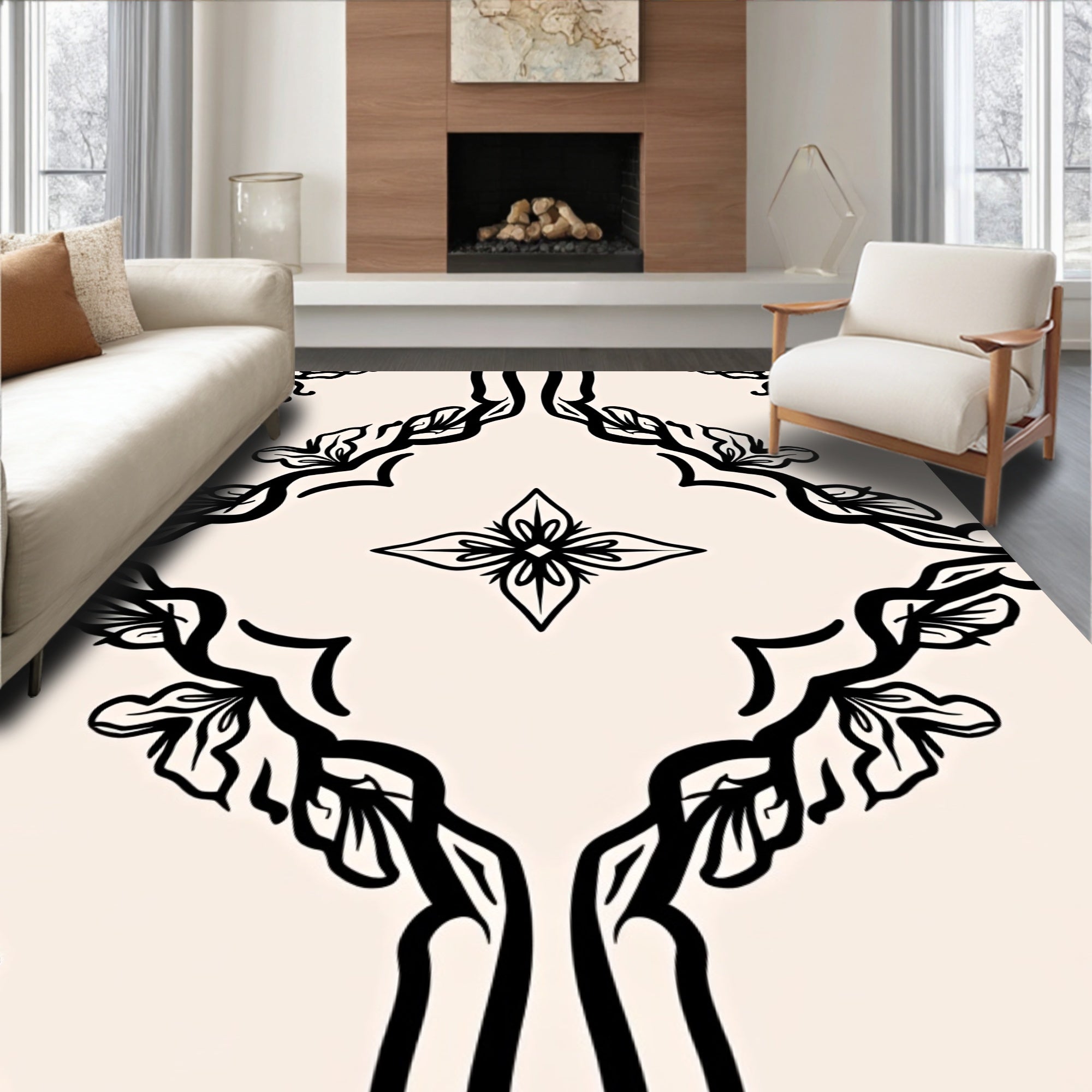 Vintage Black Filigree Floral Medallion Rug