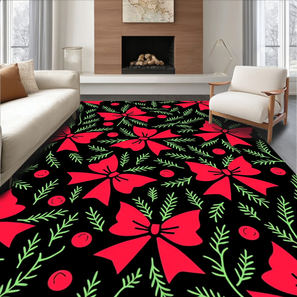 Red Festive Bows Evergreen Sprigs Rug