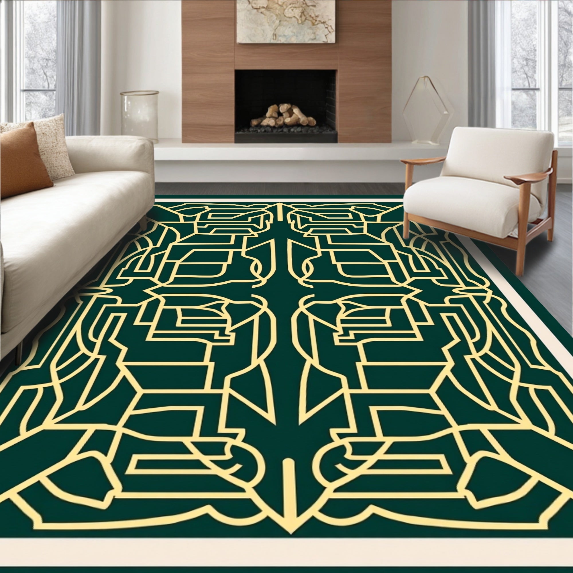 Deep Forest Ochre Labyrinth Art Deco Rug