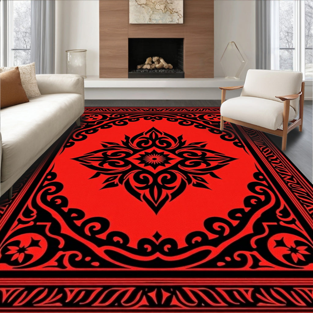 Bold Red Black Intricate Floral Rug