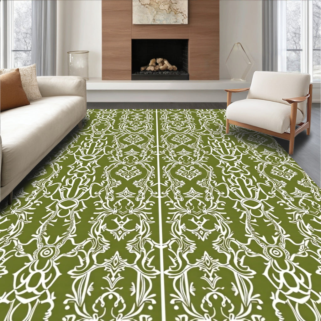 Olive Green Ornate Scrollwork Lattice Rug