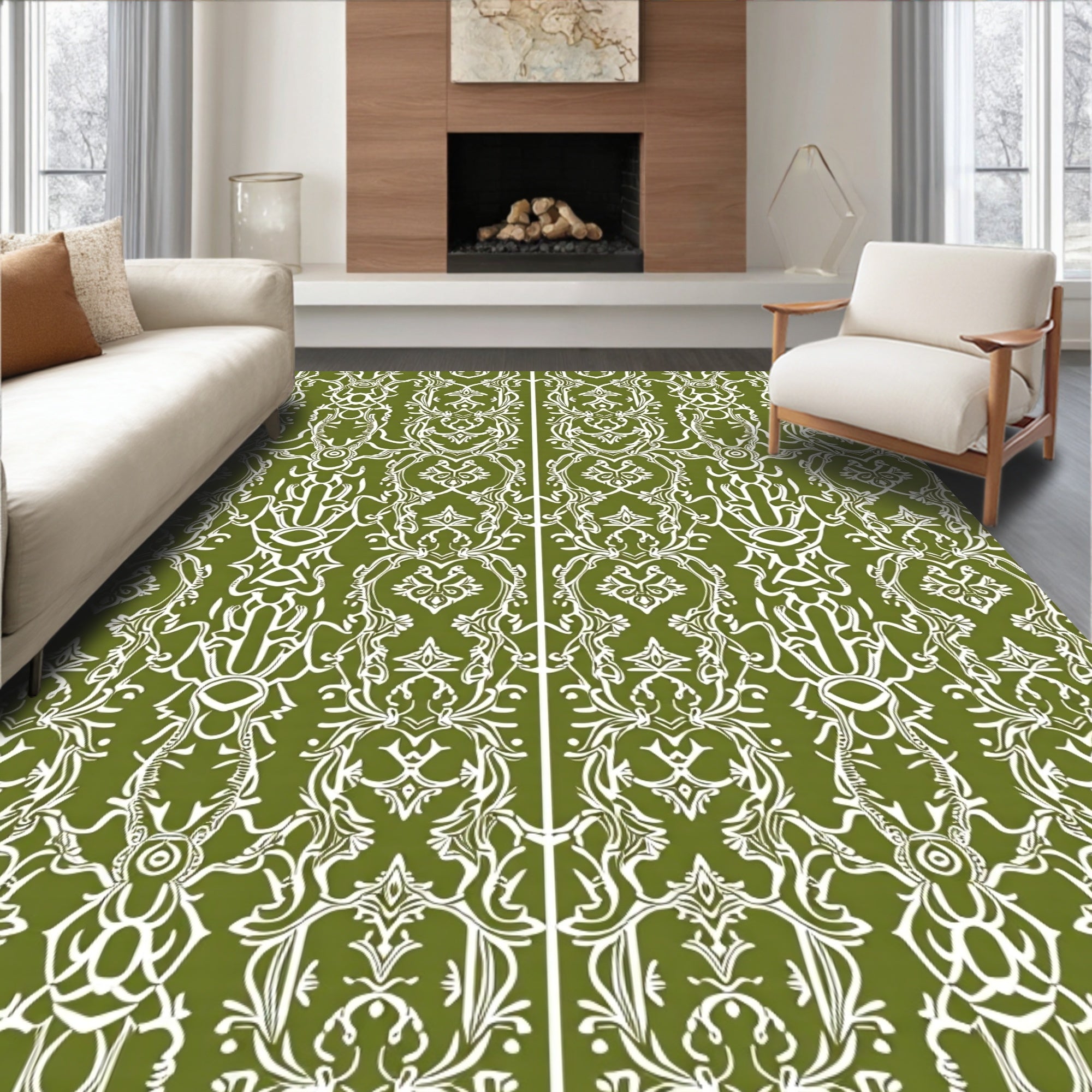 Olive Green Ornate Scrollwork Lattice Rug