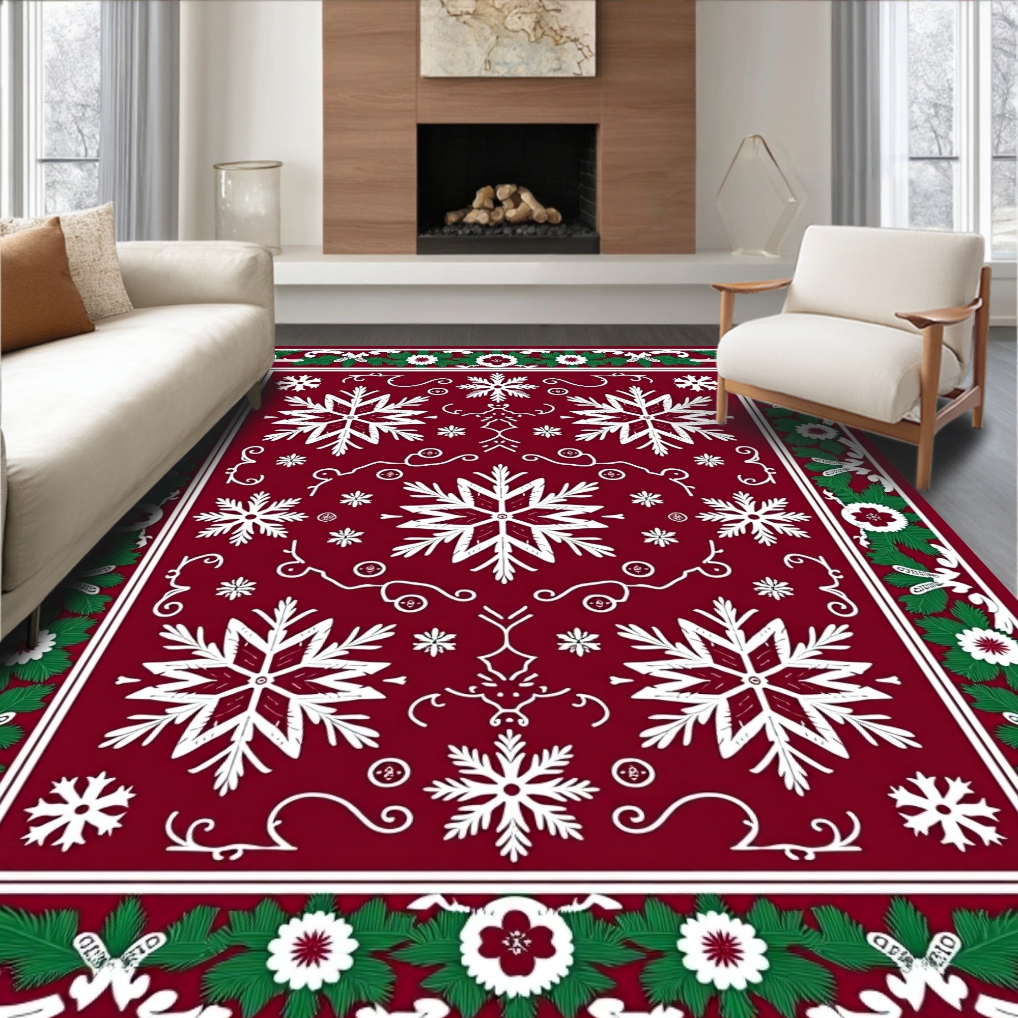 Crimson Snowflake Bordered Medallion Rug