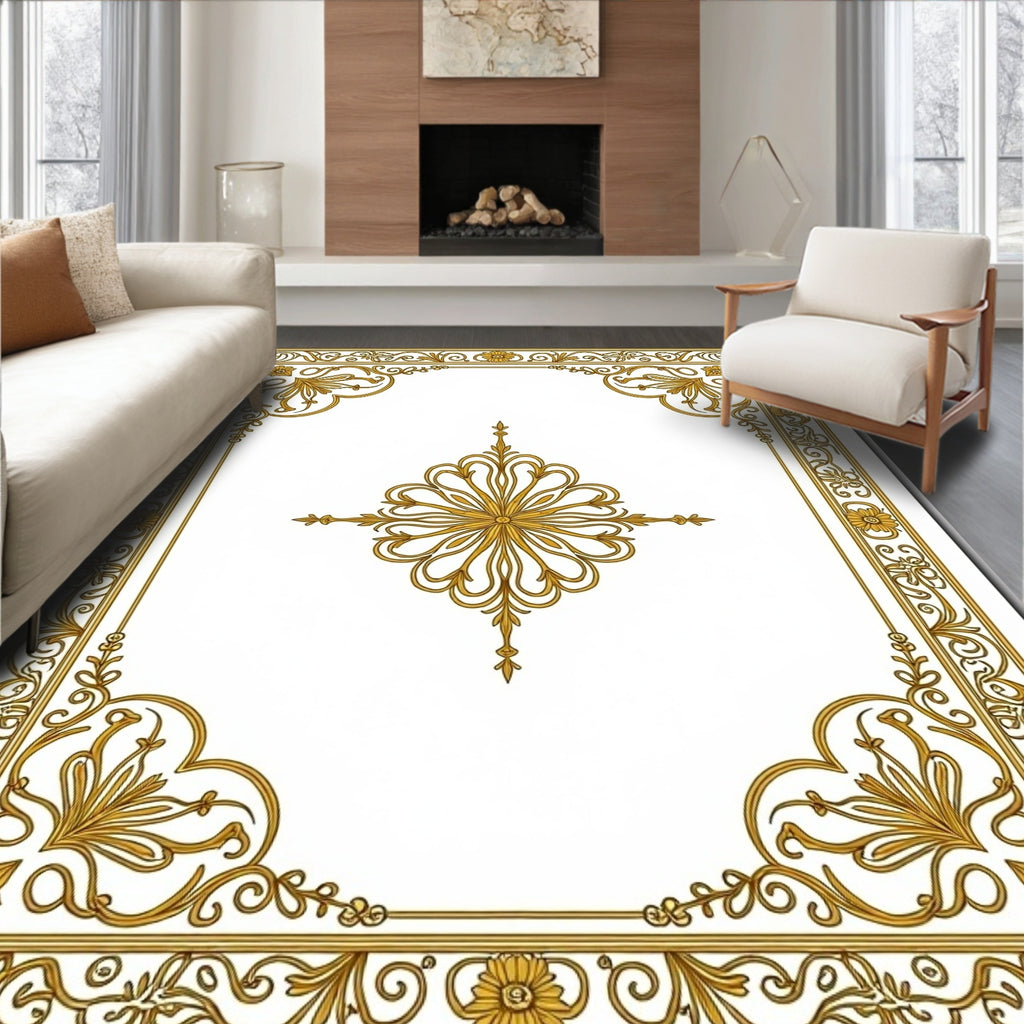 Golden Floral Scrollwork Medallion Frame Rug