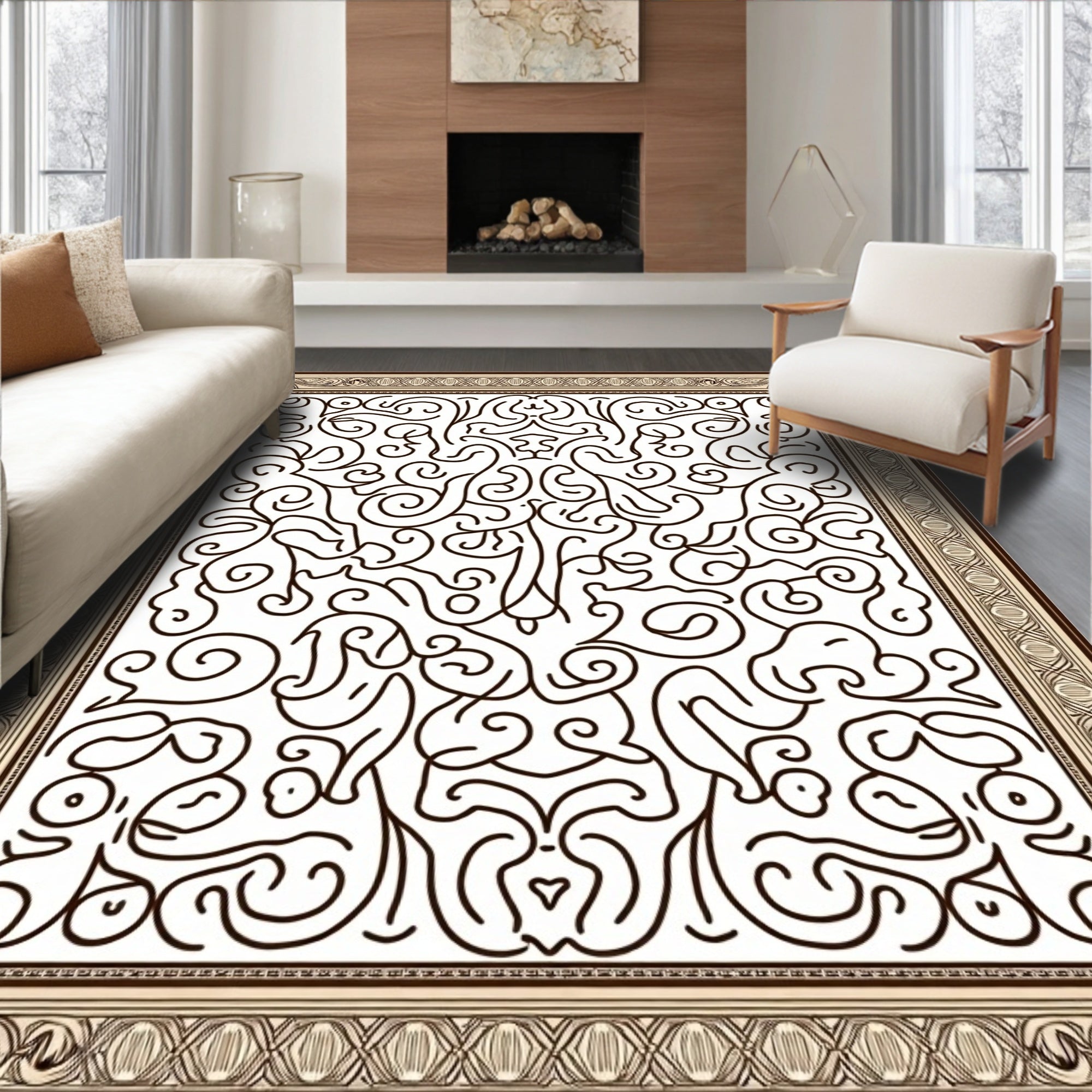 Rich Brown Abstract Swirl Frame Rug
