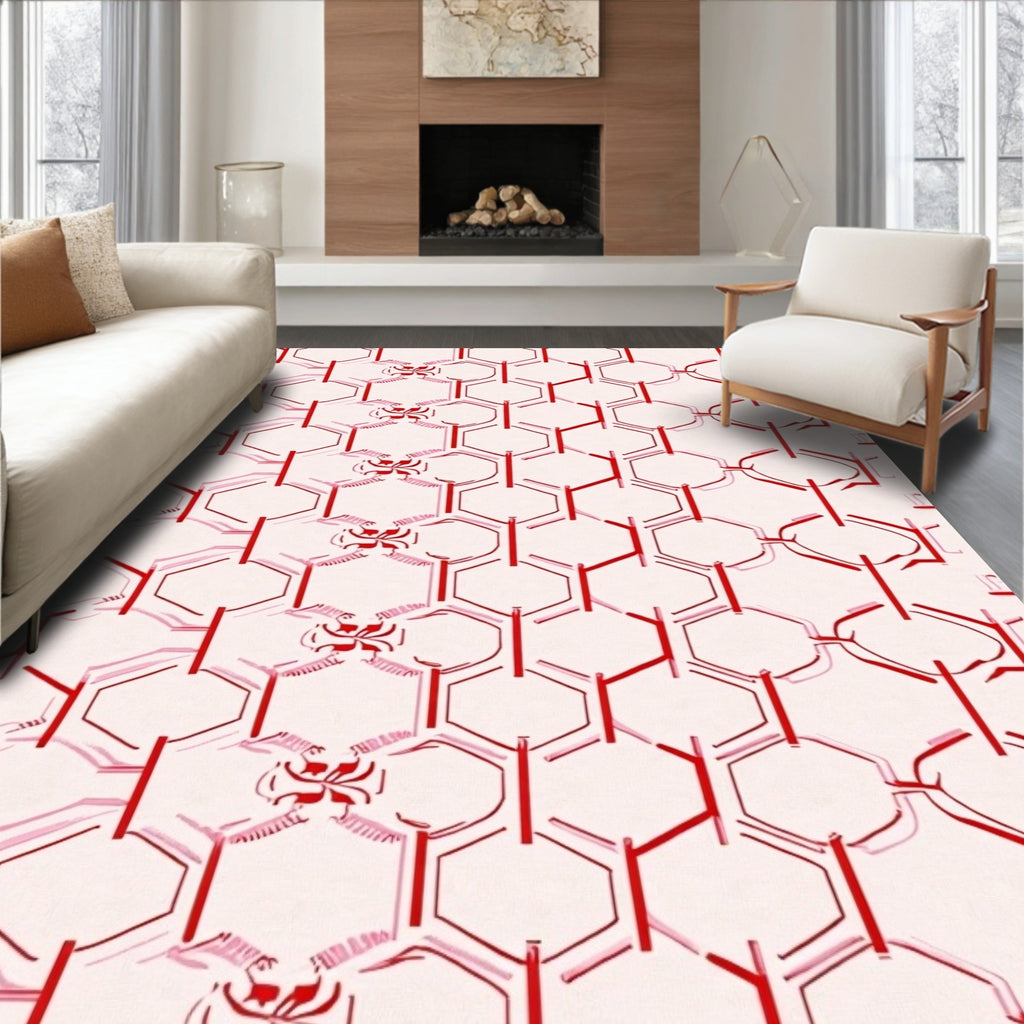 Red Hexagonal Butterfly Chain Rug