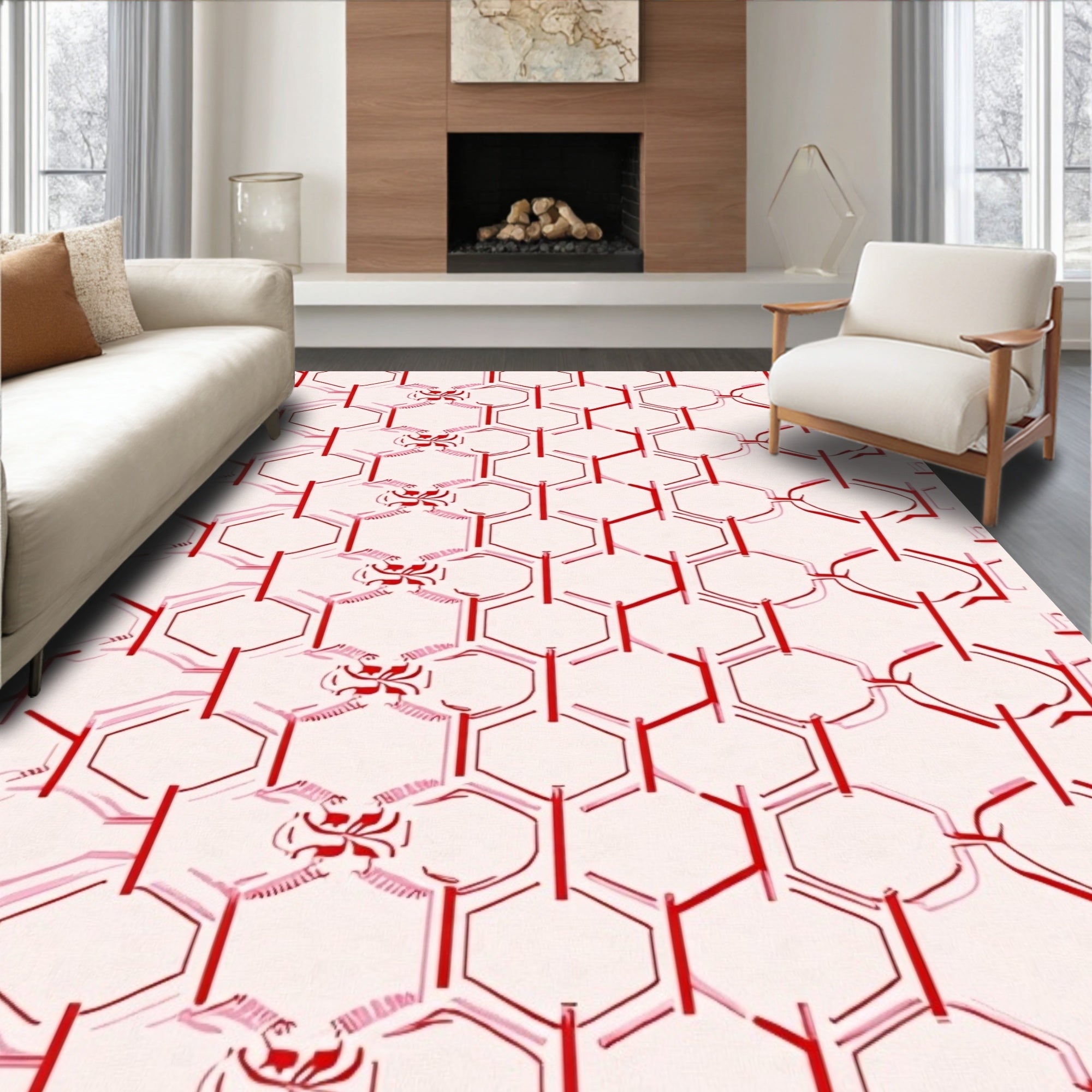 Red Hexagonal Butterfly Chain Rug