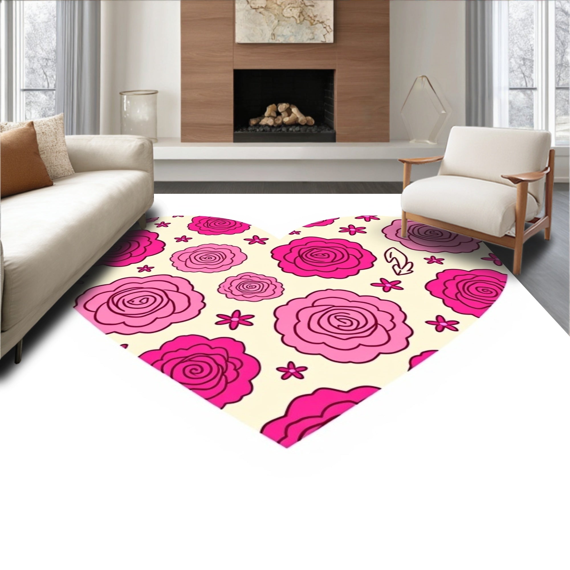 Pink Rose Floral Heart Rug
