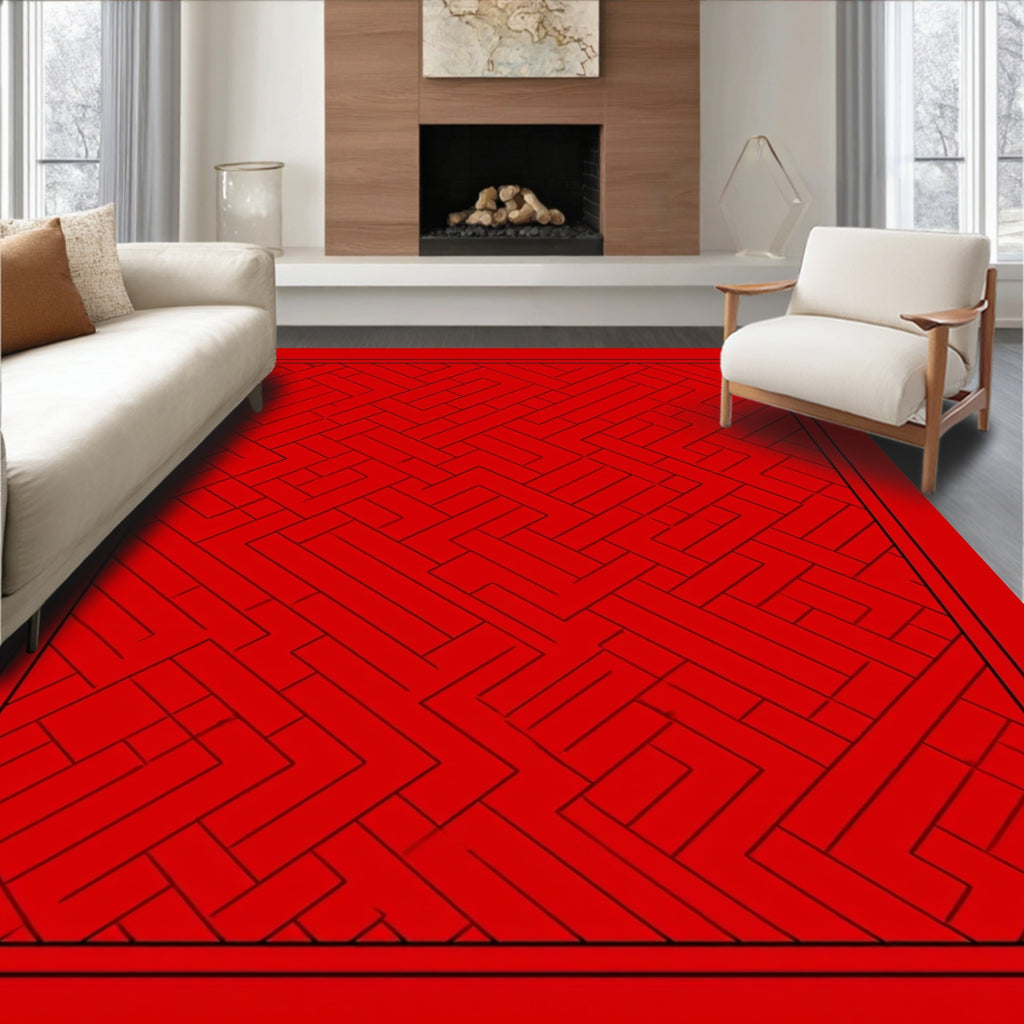 Crimson Red Geometric Interlocking Arrangement Rug