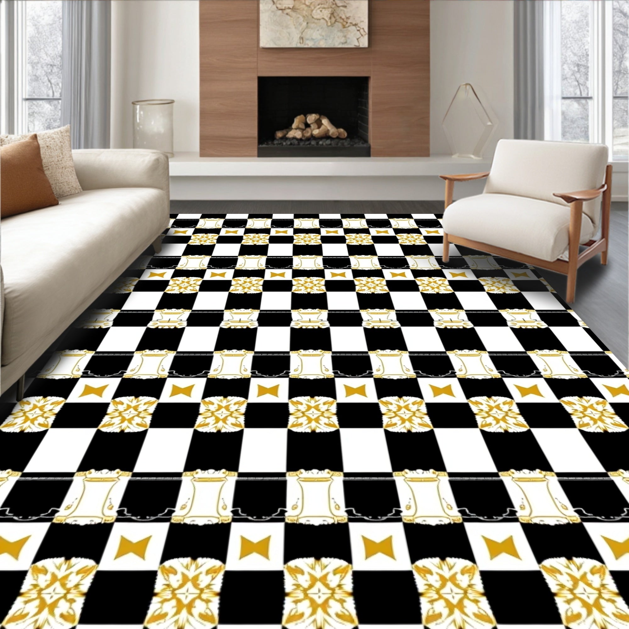 Victorian Black Gold Courtly Motif Rug