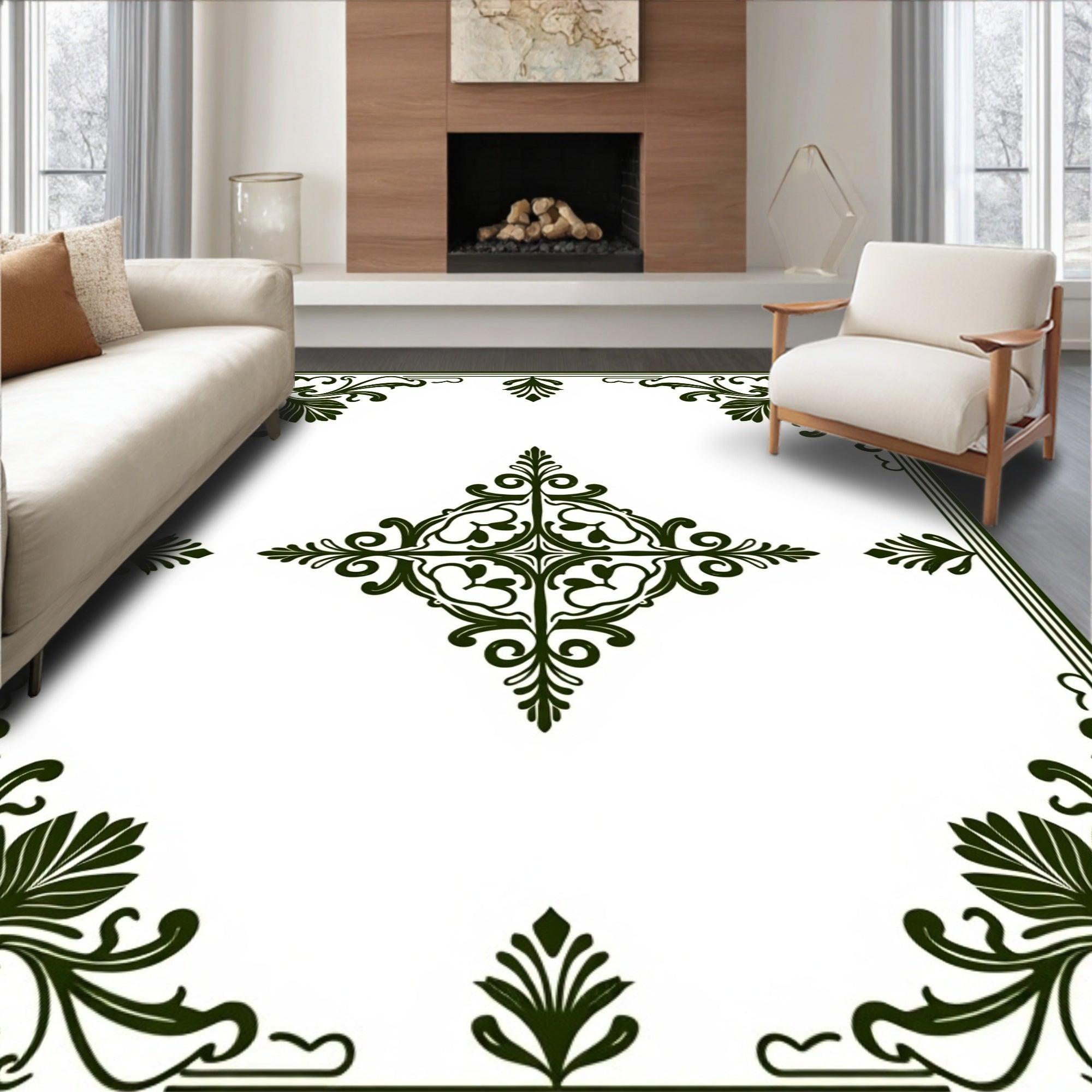 Dark Green Ornate Floral Medallion Rug