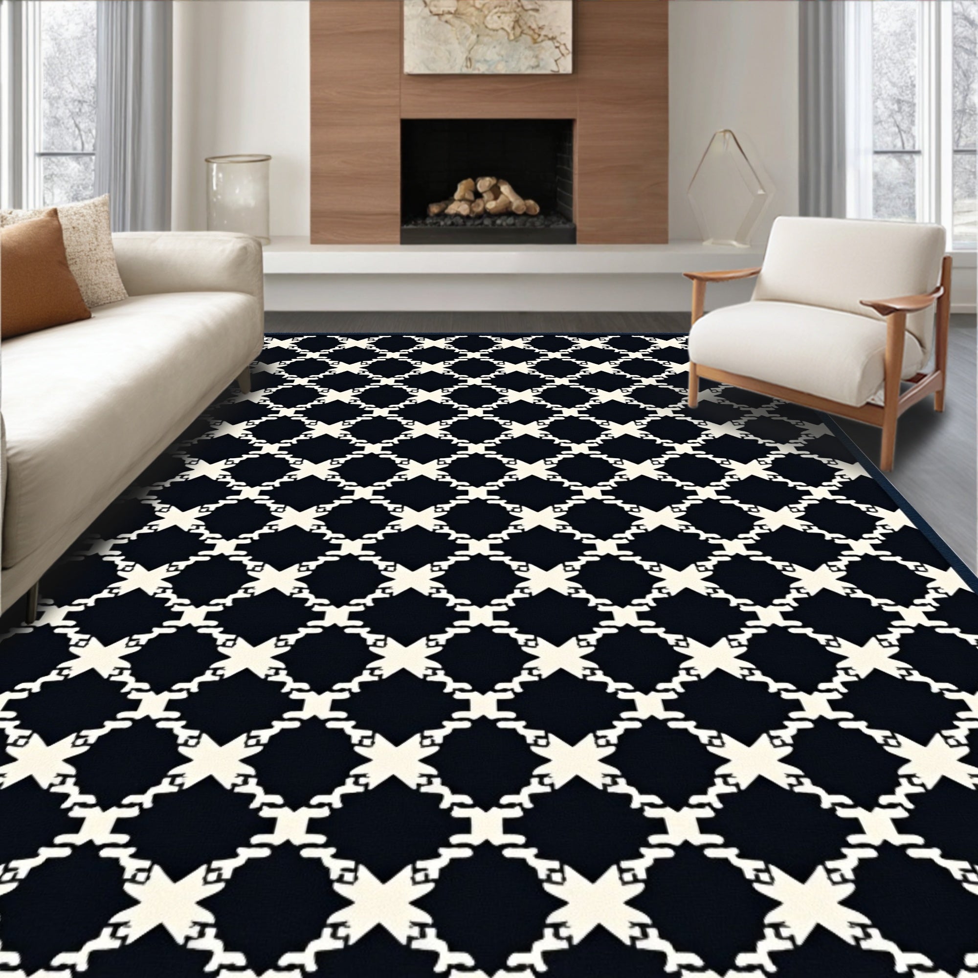 Dark Navy Cream Geometric Lattice Rug