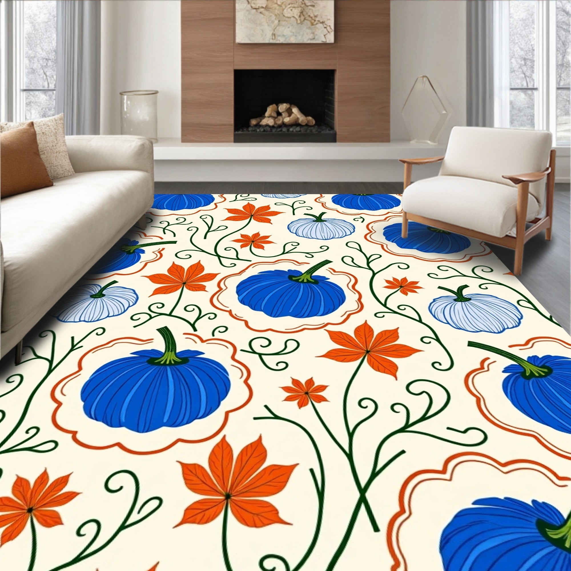 Blue Orange Autumn Pumpkin Vine Rug
