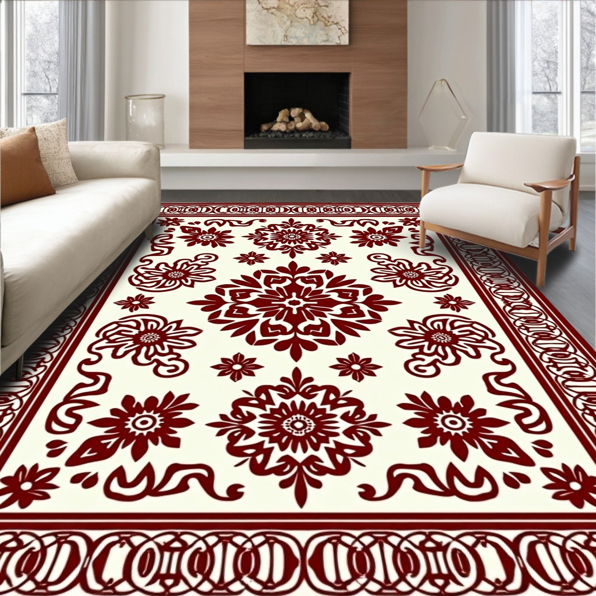 Deep Red Floral Medallion Border Rug