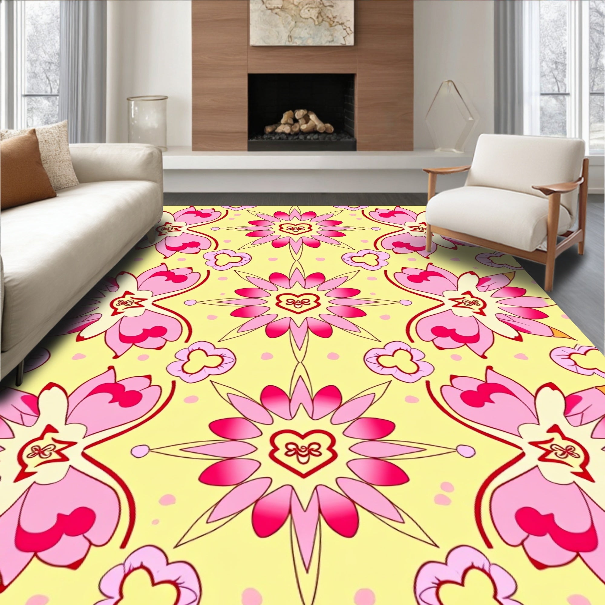 Pink Floral Heart Medallion Yellow Rug