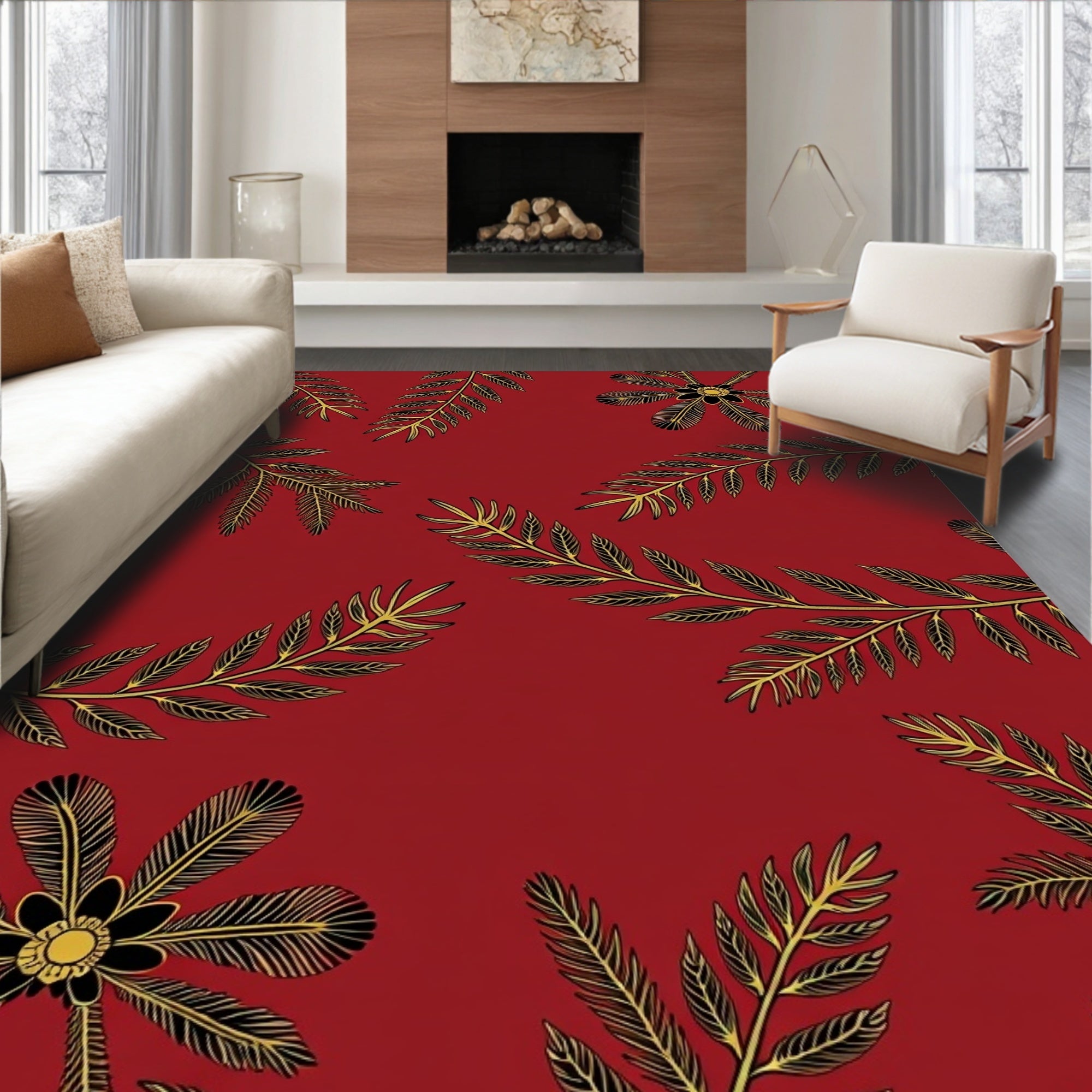 Red Golden Black Botanical Leaf Cluster Rug
