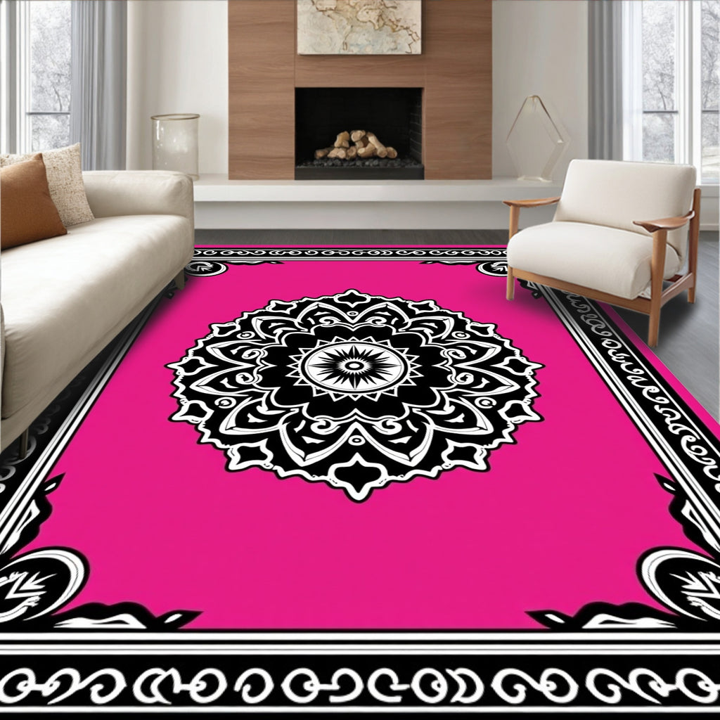 Hot Pink Black Medallion Frame Rug