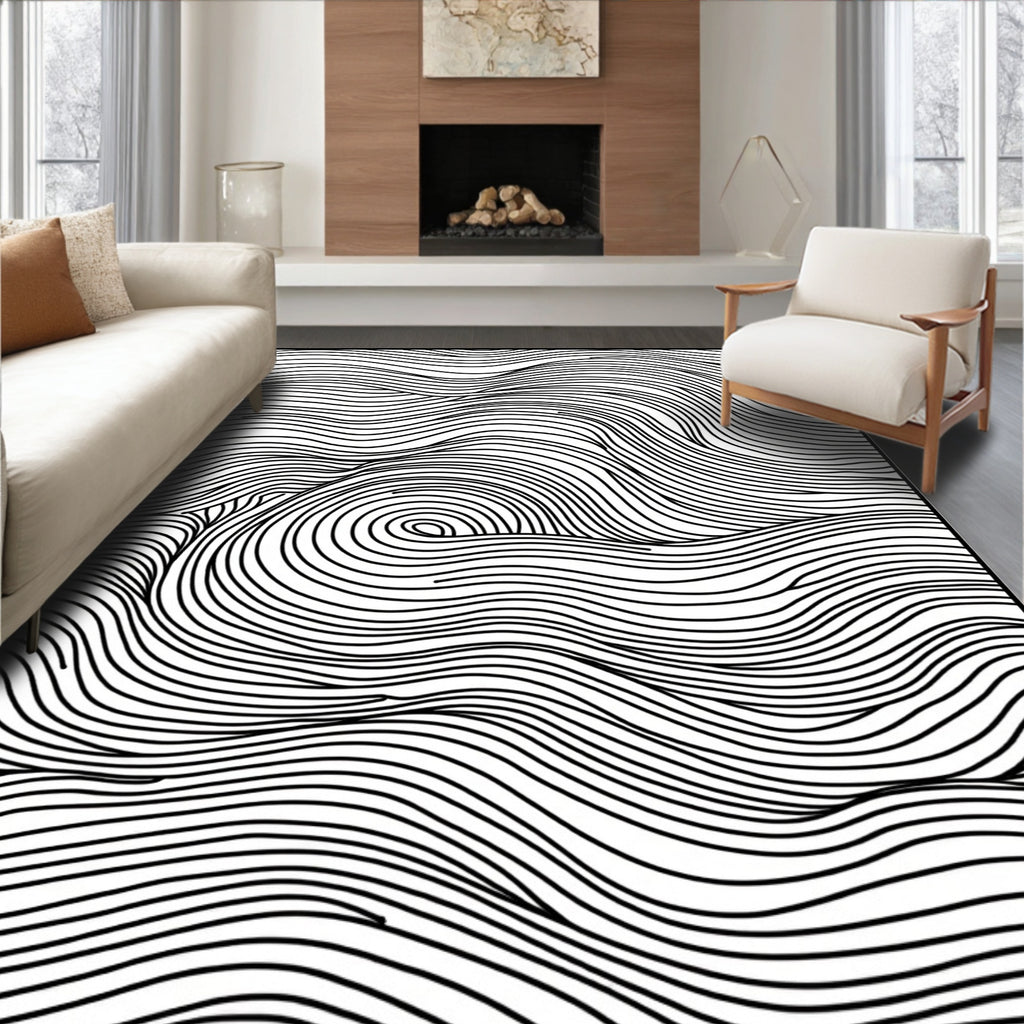 Abstract Black and White Swirl Lines Rug