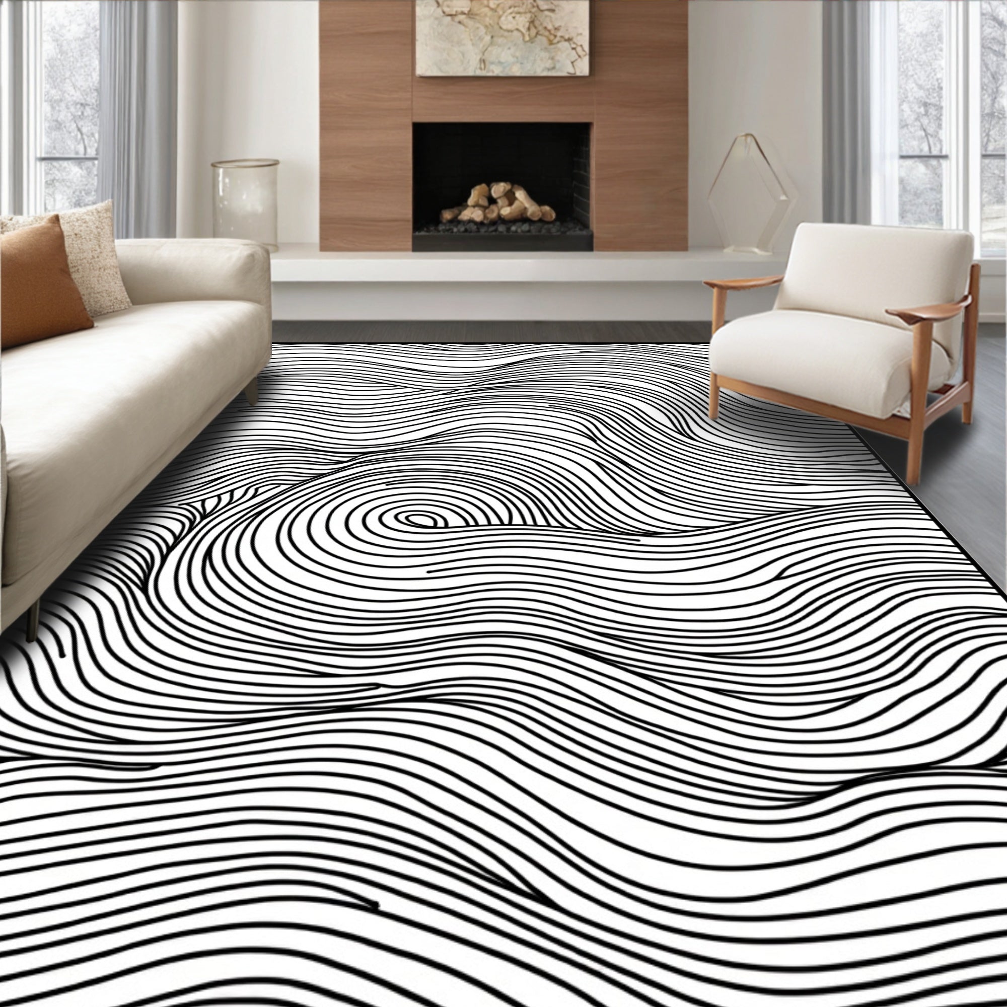 Abstract Black and White Swirl Lines Rug