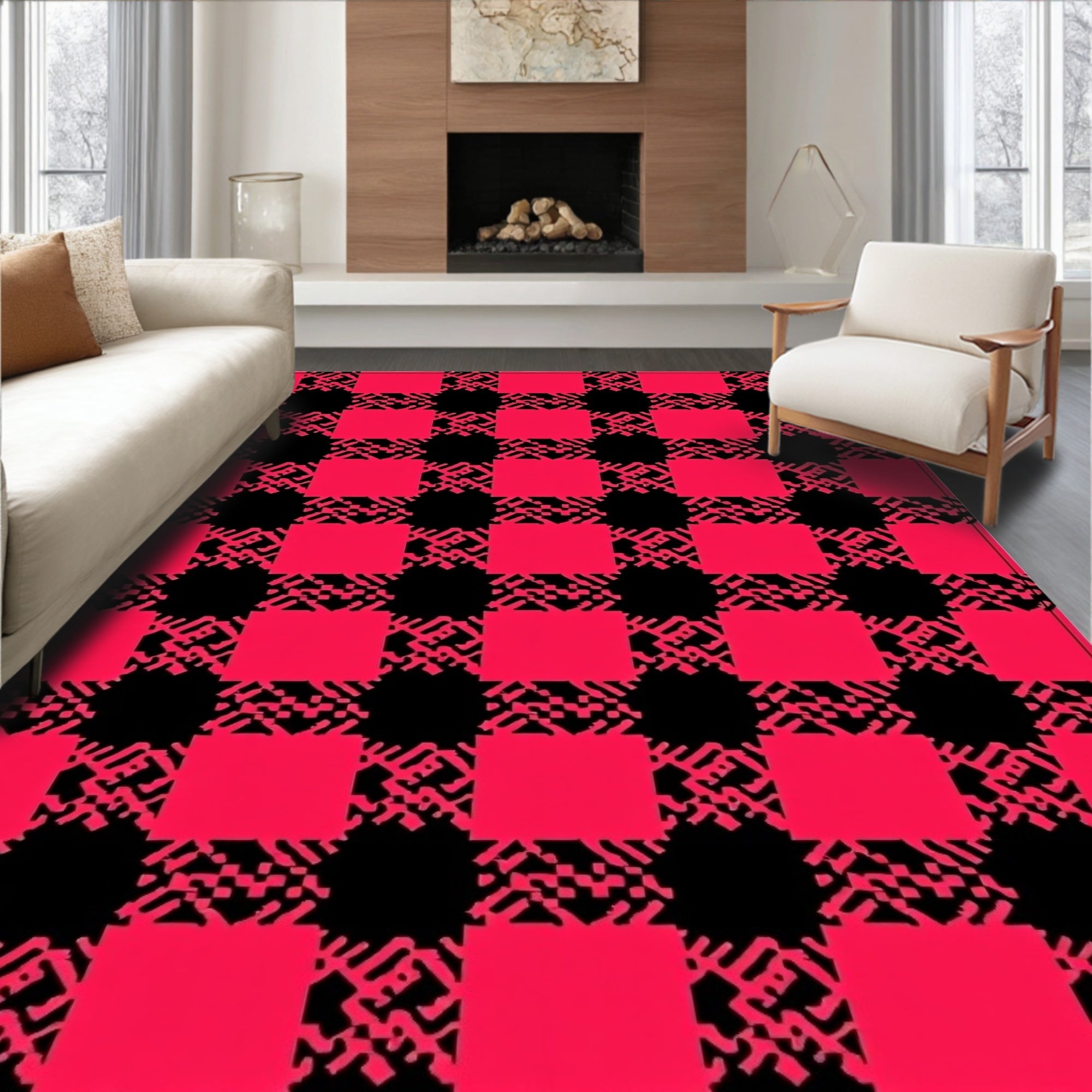 Red Black Checkered Textured Rug