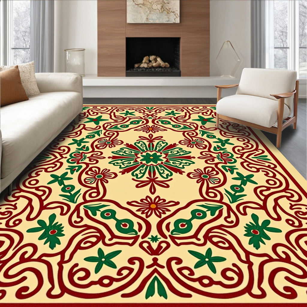 Crimson Green Floral Curvilinear Frame Rug
