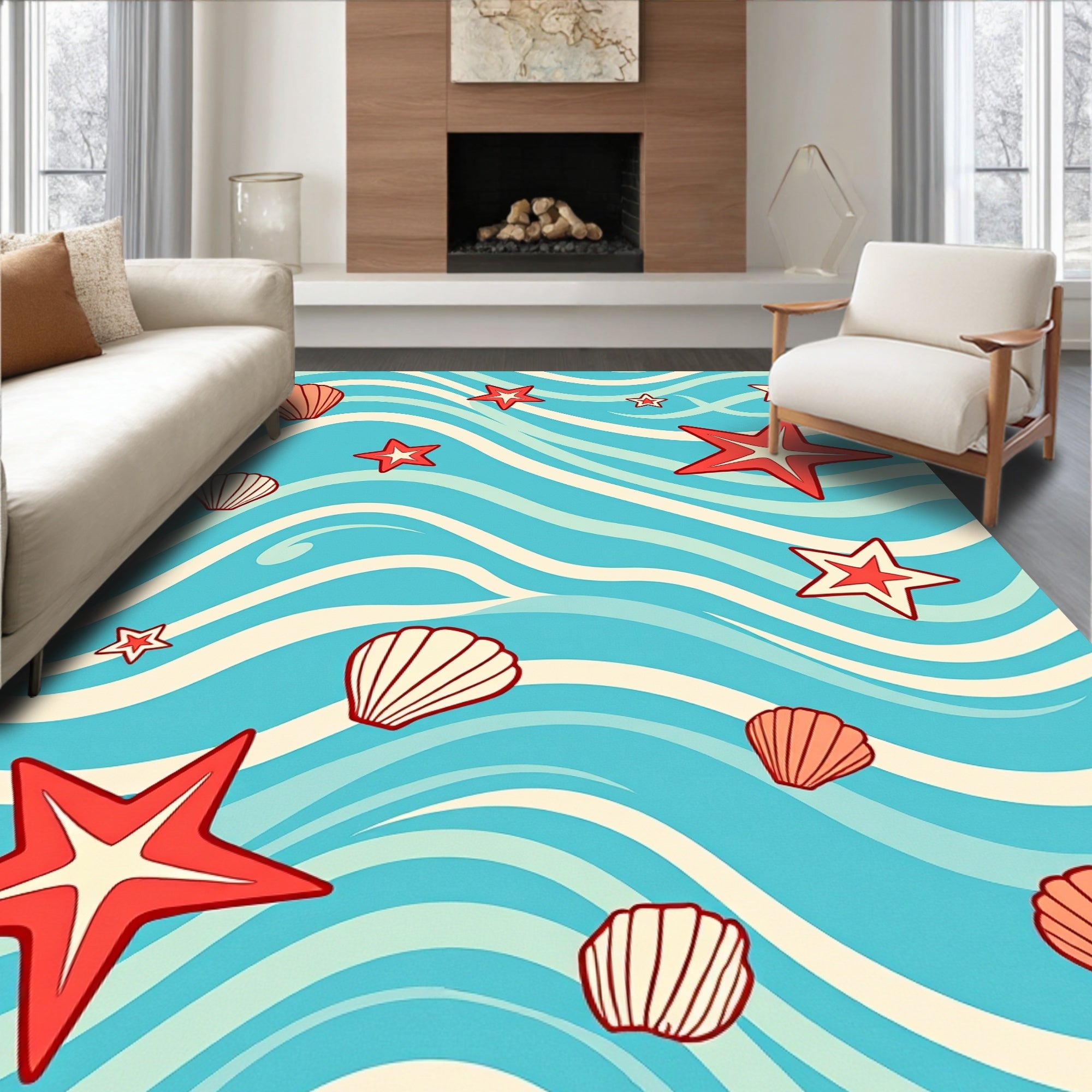 Aqua Red Starfish Shell Waves Rug