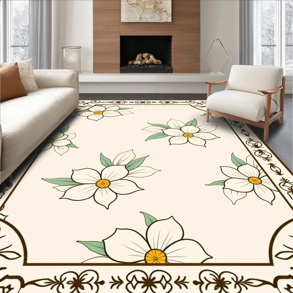 Cream Floral Border with Daffodil Blossoms Rug