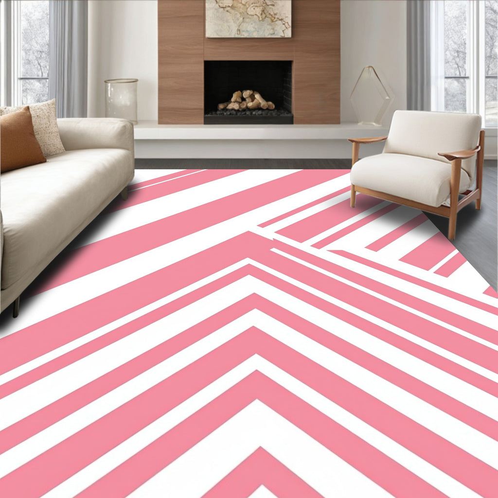Modern Pink White Diagonal Stripes Rug