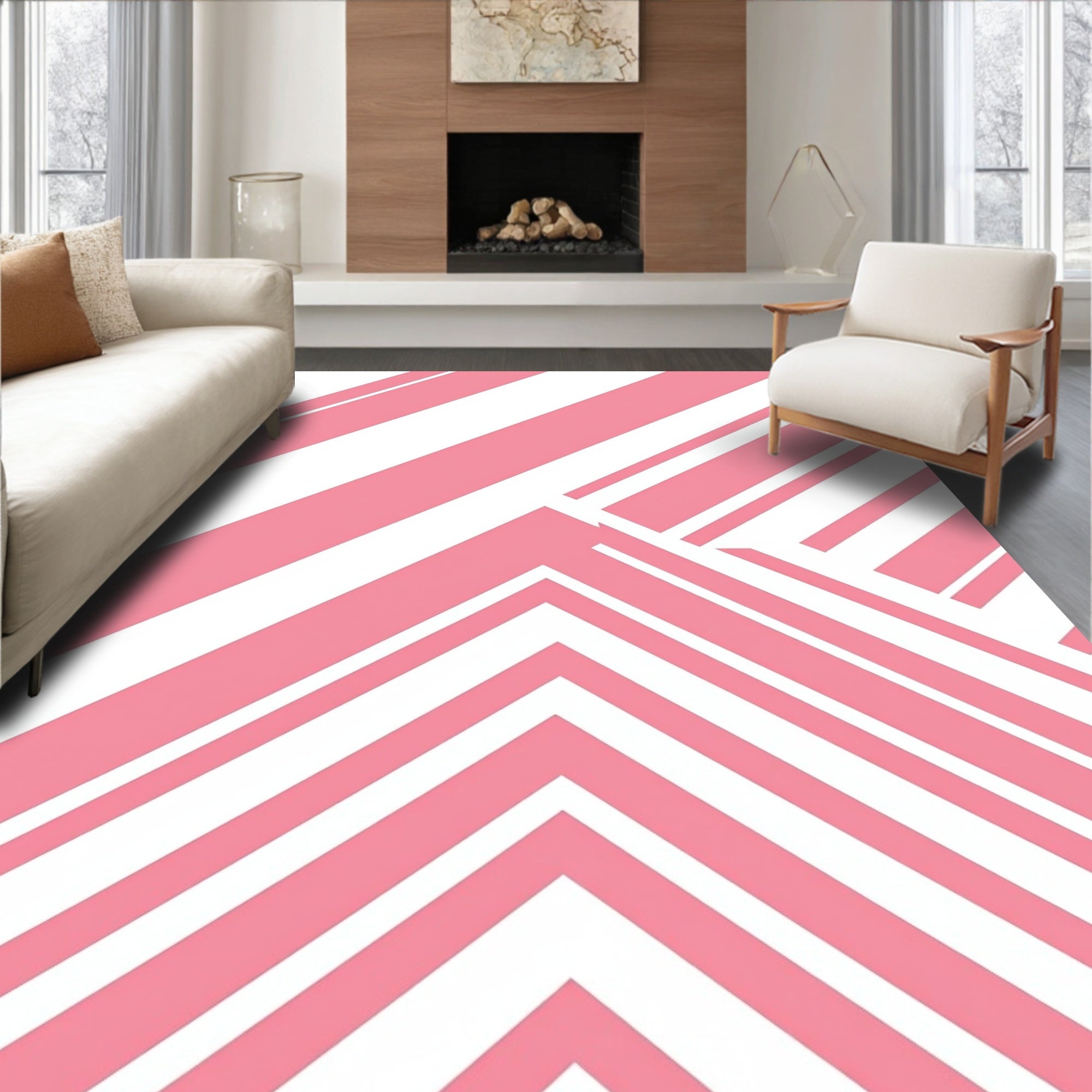 Modern Pink White Diagonal Stripes Rug