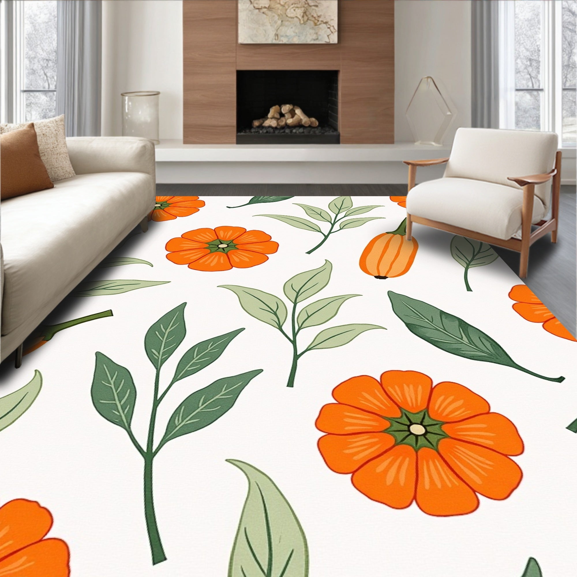 Warm Orange Pumpkin Floral Foliage Rug