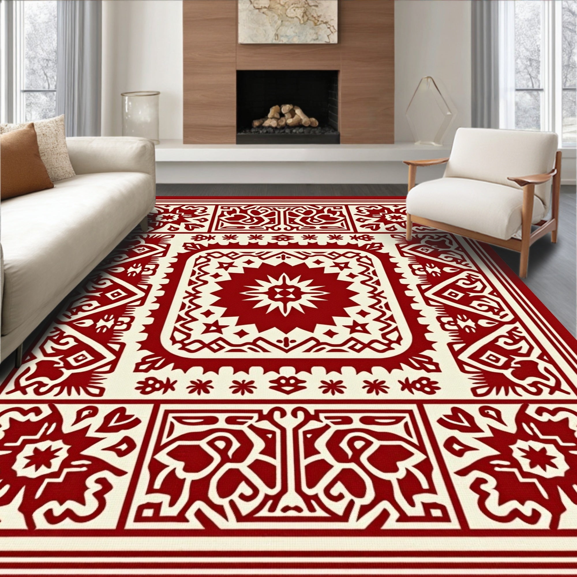Crimson Cream Intricate Medallion Rug