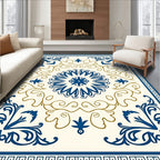Deep Blue Ivory Floral Medallion Art Rug