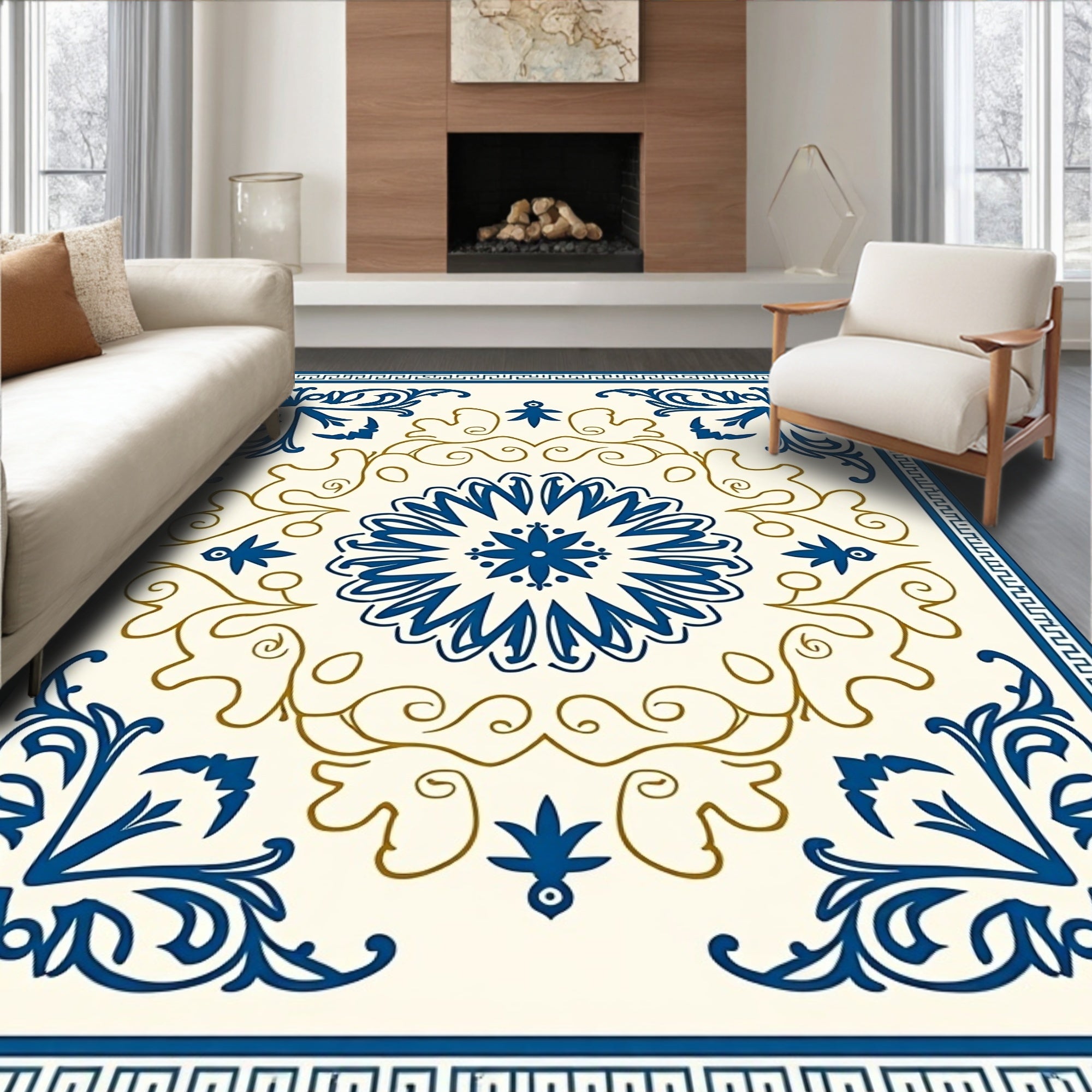 Deep Blue Ivory Floral Medallion Art Rug