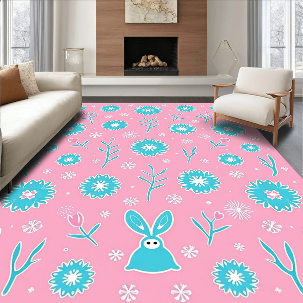 Pink Turquoise Whimsical Bunnies Floral Meadow Rug