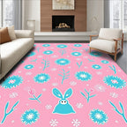 Pink Turquoise Whimsical Bunnies Floral Meadow Rug