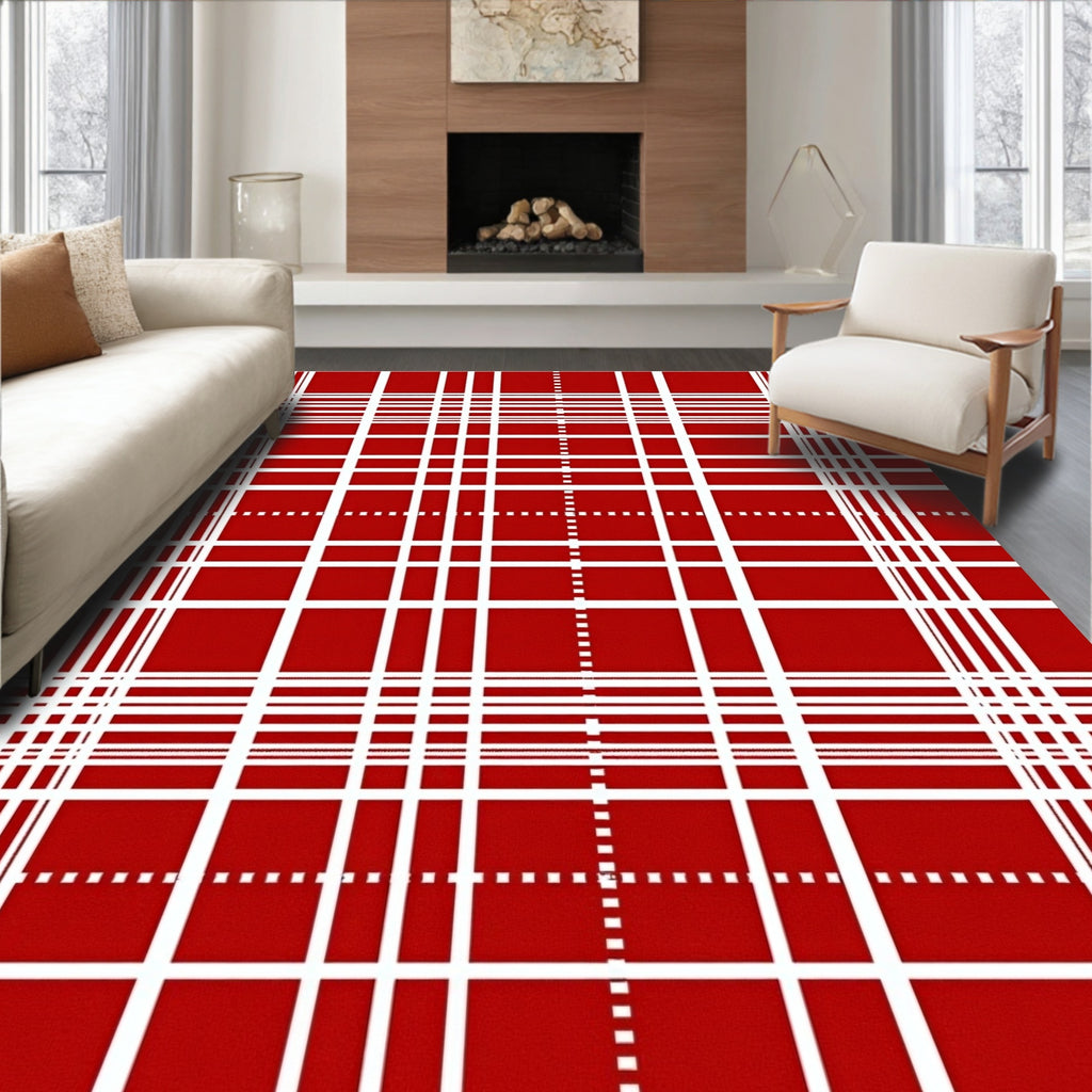 Classic Red White Plaid Squares Rug