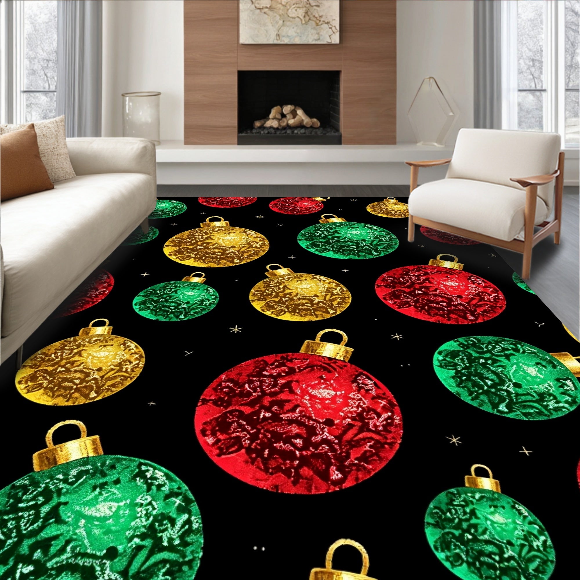 Glittering Red Green Gold Ornament Stars Rug