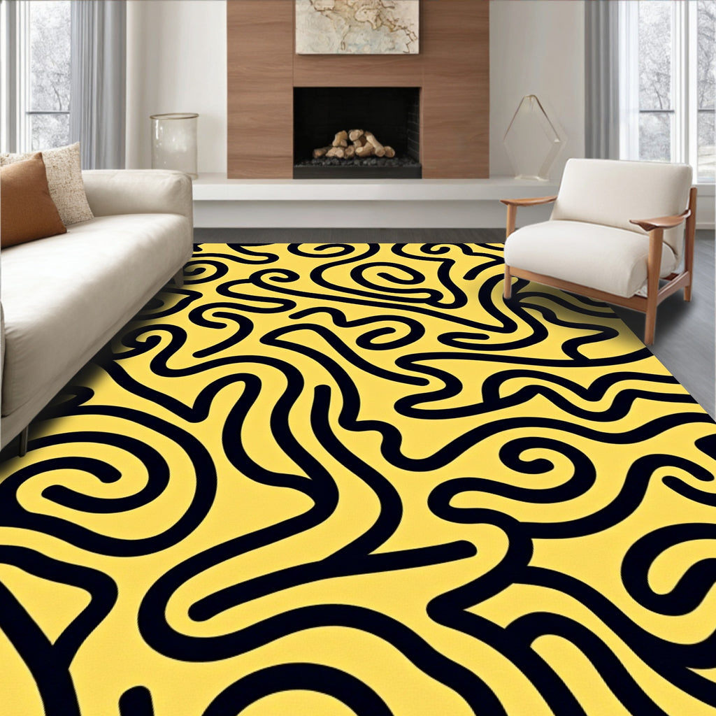 Bold Black Swirls Yellow Lines Rug