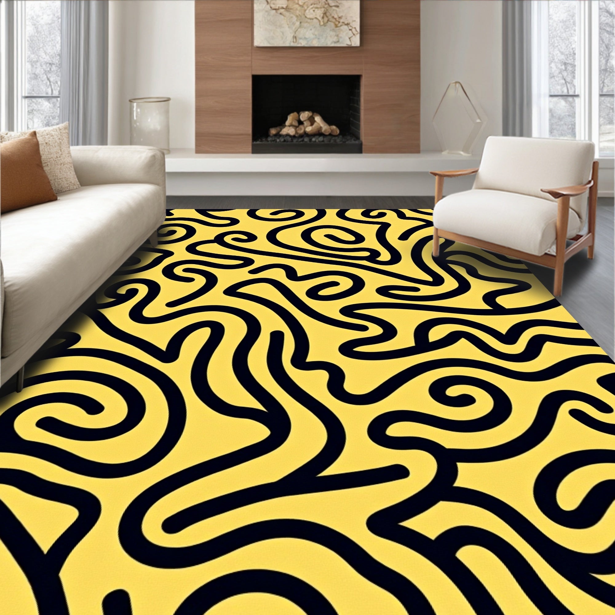 Bold Black Swirls Yellow Lines Rug