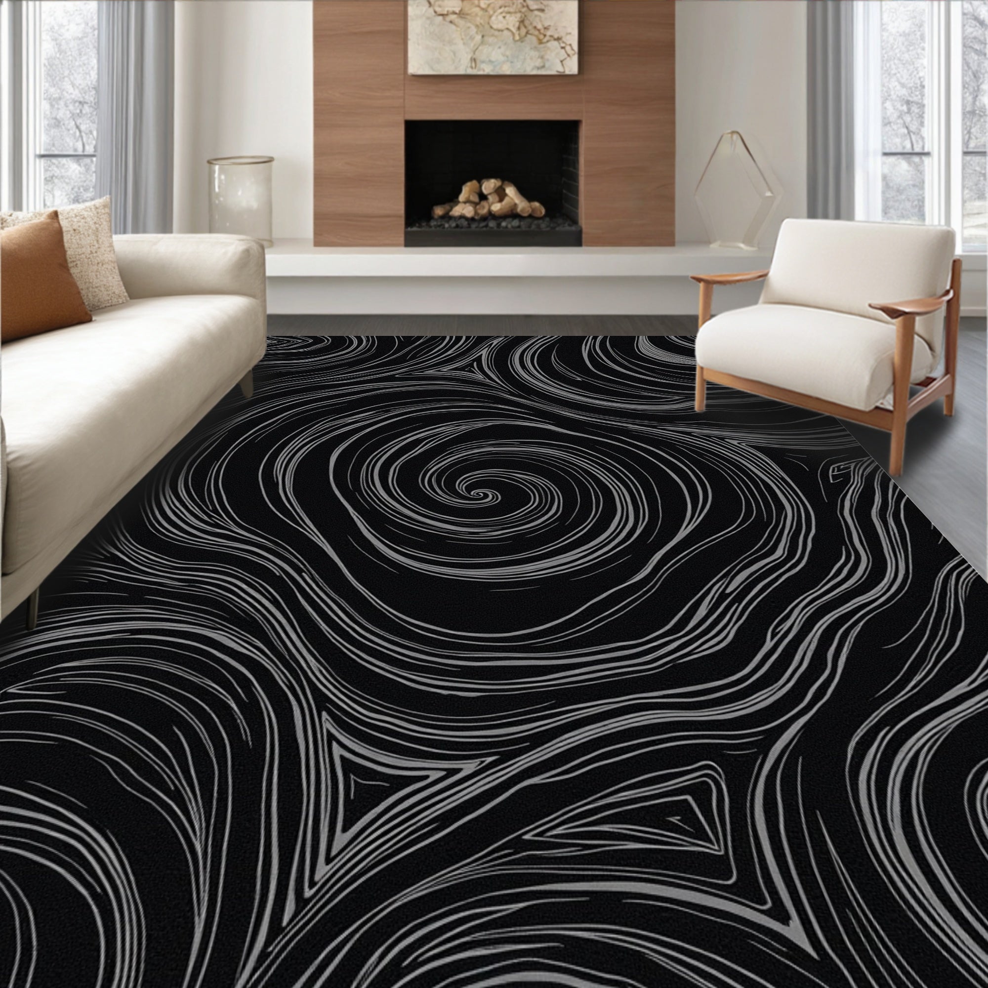 Minimalist Black Swirl Abstract Rug