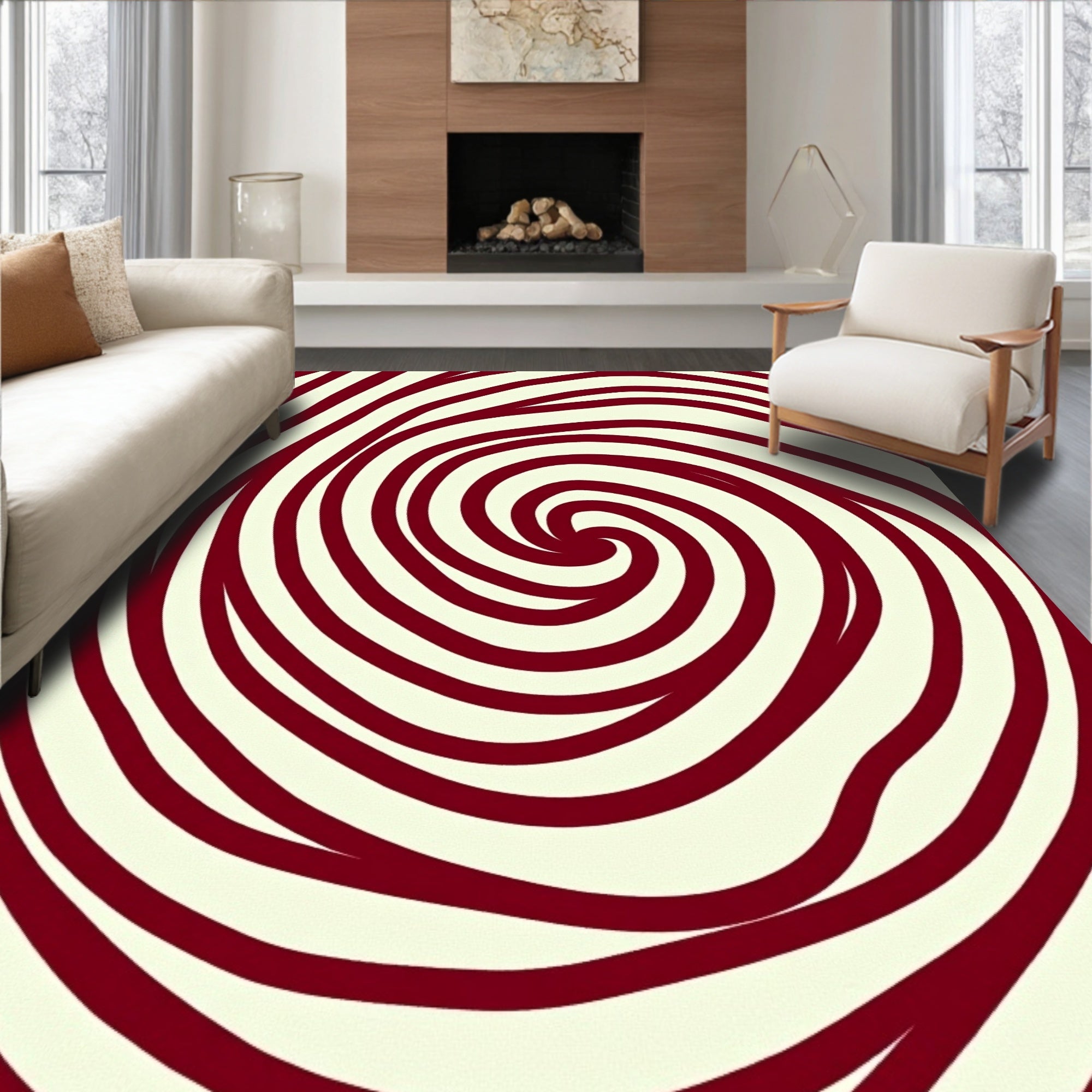 Deep Red Swirl Continuous Line Rug