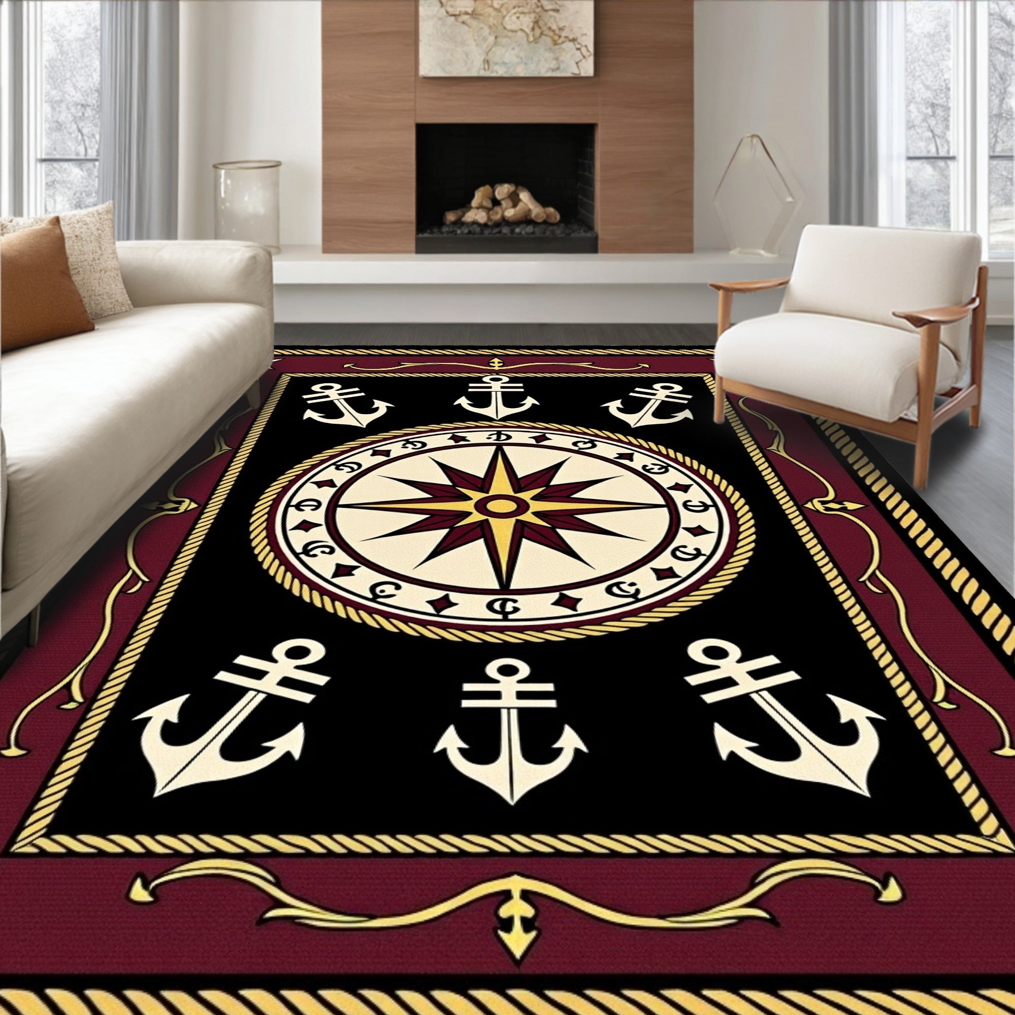 Maroon Compass Anchor Nautical Theme Rug
