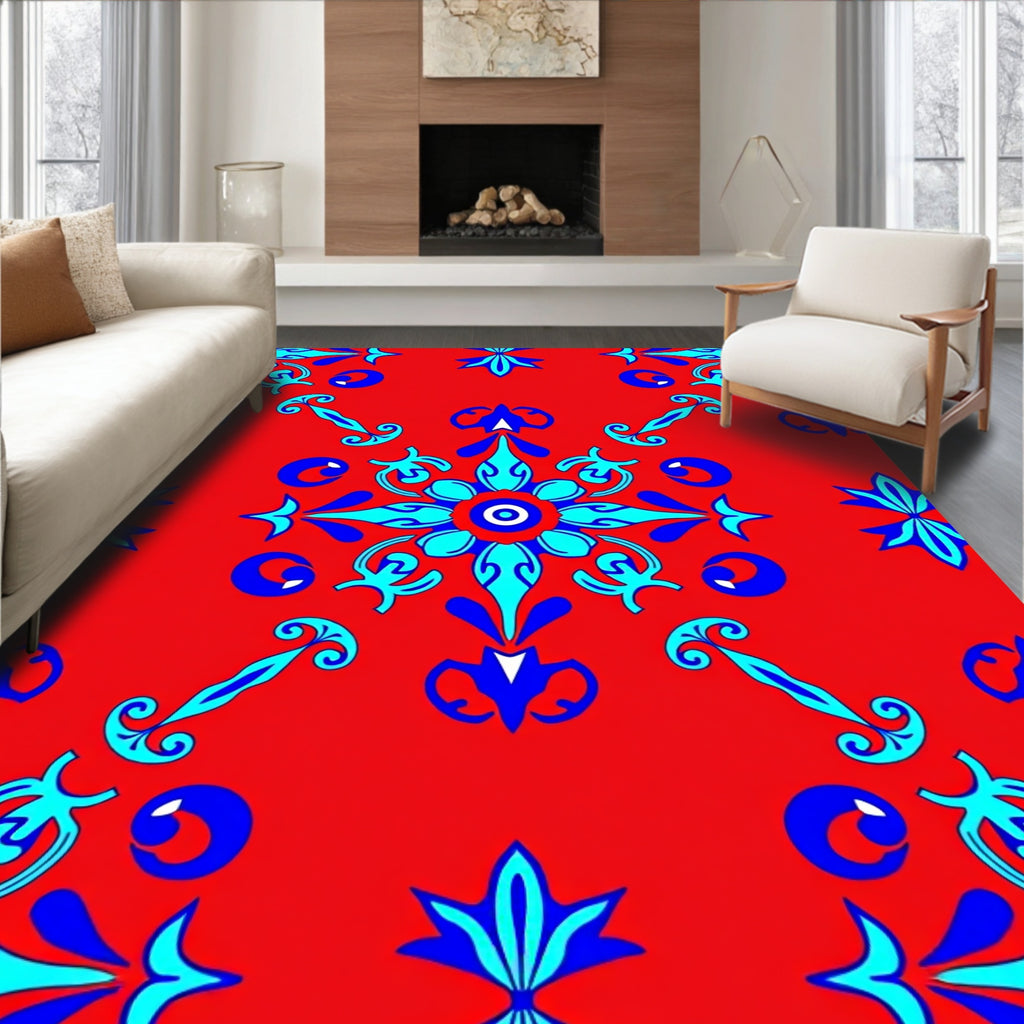 Vibrant Red Blue Floral Medallion Rug