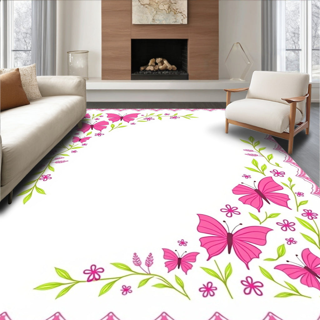 Whimsical Pink Butterfly Garden Border Rug
