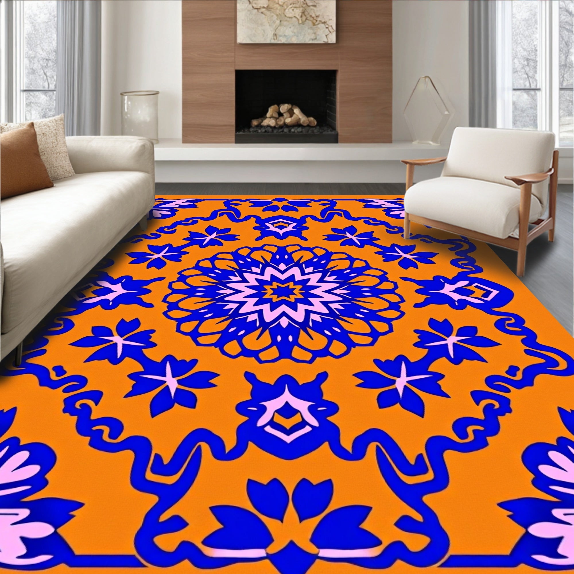Vibrant Blue Orange Floral Medallion Rug