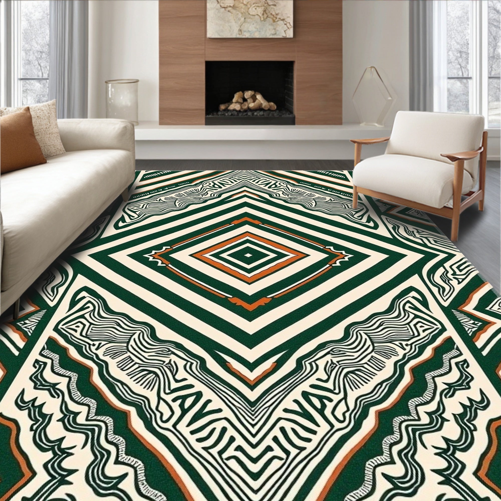 Emerald Orange Ivory Abstract Diamond Rug