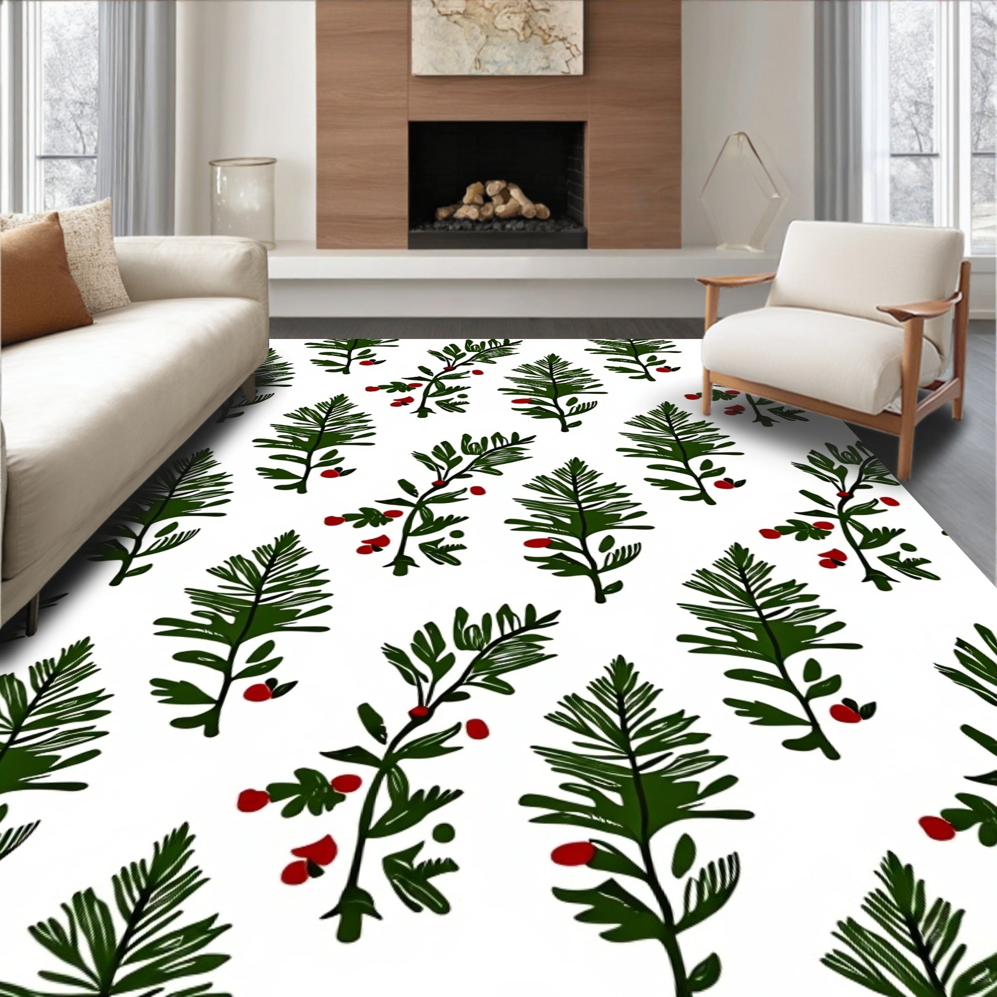 Green Sprig Red Berry Garland Rug