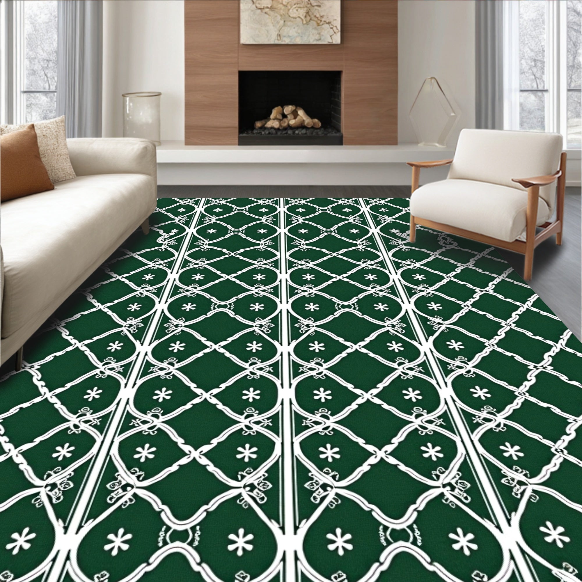 Deep Green Lattice Star Inlay Rug