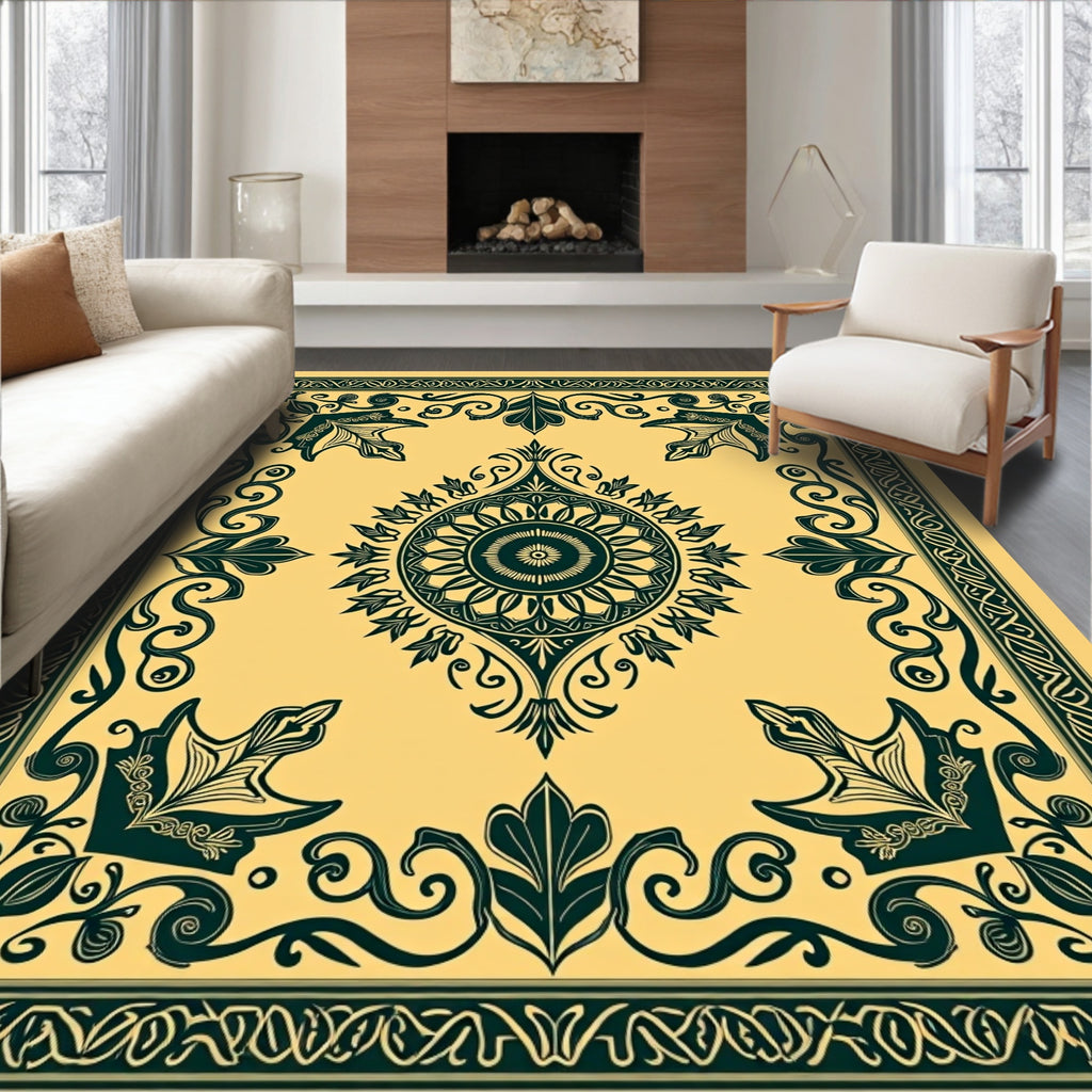 Golden Teal Floral Medallion Border Rug